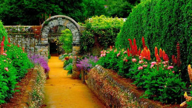A flower garden with colorful flowers and green bushes along a pathway under a stone arch