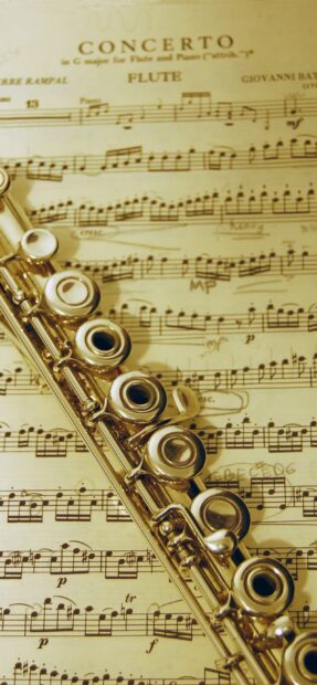 A close up of a flute laying on sheet music for a concerto in G major
