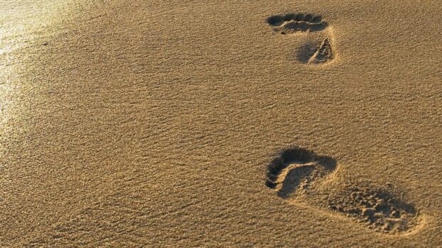 Footprints in the sand showing a pair of bare feet walking on golden sand