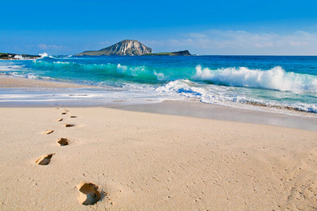 Footprints in the sand leading to the ocean waves under a clear blue sky
