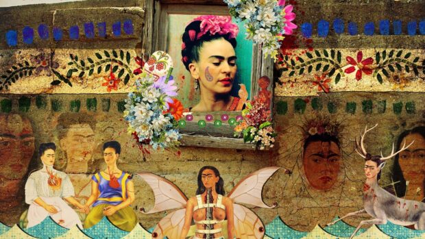 Frida Kahlo surrealism art with multiple portraits and symbolic elements on a textured wall
