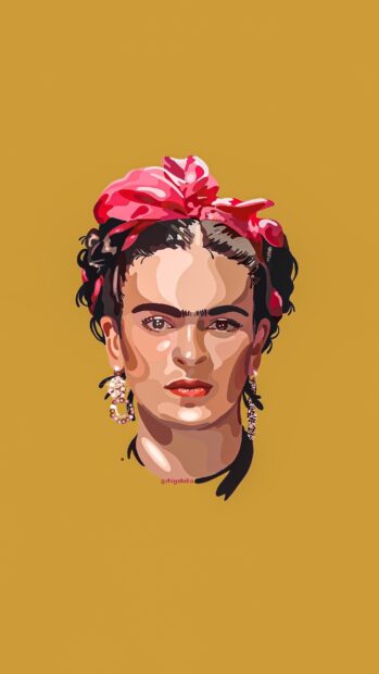 Digital portrait of Frida Kahlo with a red headscarf and earrings on a mustard background