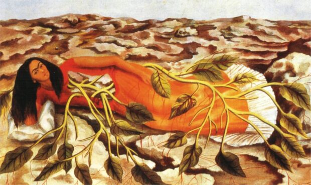 Woman lying on the ground with plant roots intertwined around her in a Frida Kahlo artwork