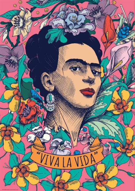 Colorful illustration of Frida Kahlo surrounded by vibrant flowers and a Viva La Vida banner