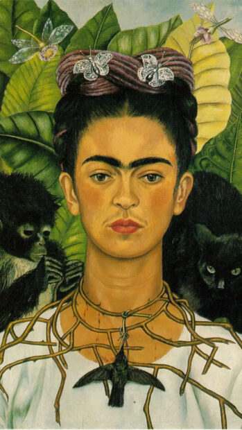Frida Kahlo wearing a thorn necklace with animals and butterflies in a natural setting
