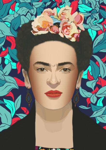 Portrait of Frida Kahlo with flowers in her hair and colorful leaves background
