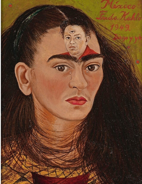 Frida Kahlo portrait with a third eye and a small figure on her forehead showing surrealism and emotion