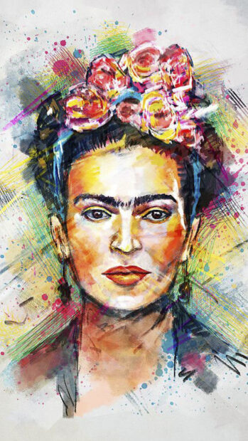 Colorful artistic portrait of Frida Kahlo with flowers in her hair