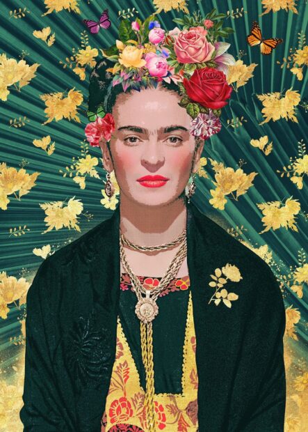Frida Kahlo portrait with colorful flowers and butterflies on a vibrant green background