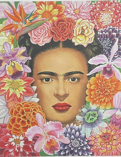 Frida Kahlo surrounded by vibrant flowers with a calm expression and vivid colors