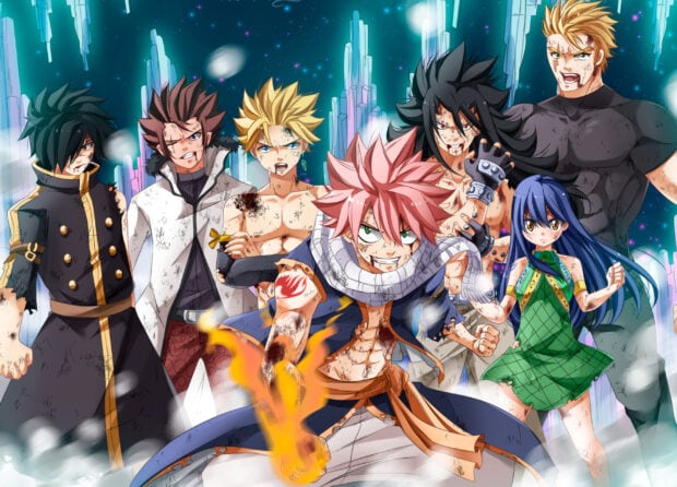 Gajeel Redfox and his friends standing strong after battle in a detailed anime scene