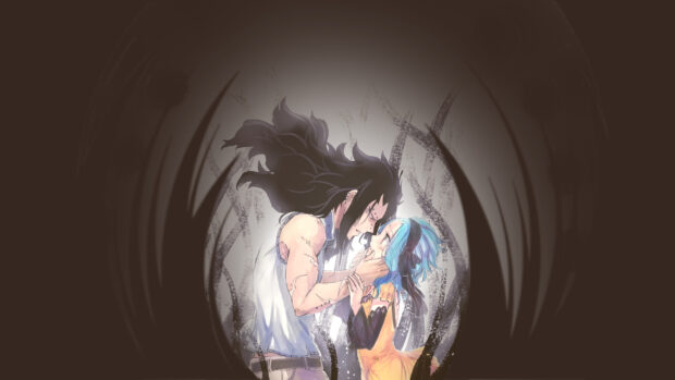 Gajeel Redfox gently holding a girl with blue hair in an emotional moment