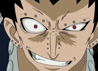 Close up of Gajeel Redfox with piercings and intense eyes in an anime style