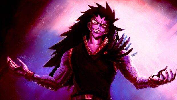 Gajeel Redfox is shown with glowing red eyes and extended arms in a dark and vibrant background