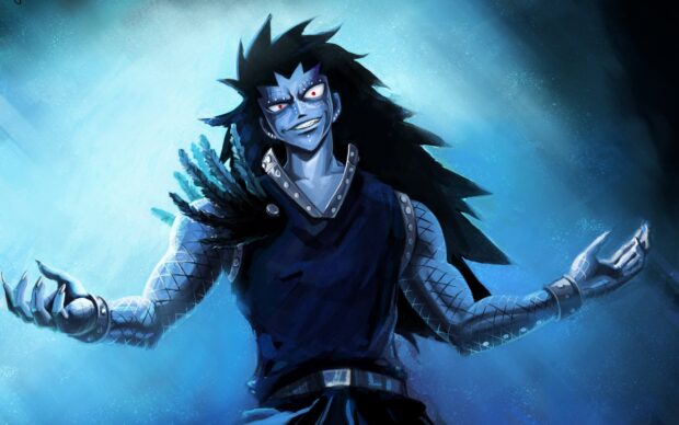 Gajeel Redfox posing confidently with a dark outfit and metal arm armor in a blue glowing background