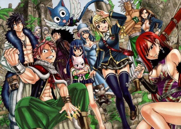 Gajeel Redfox standing with other characters from Fairy Tail in detailed colorful artwork