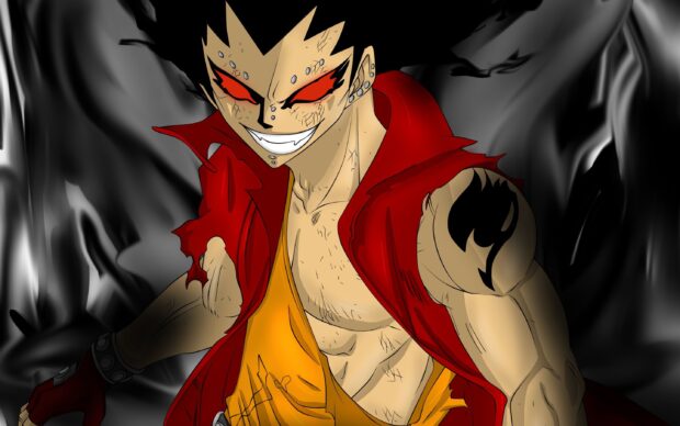 Gajeel Redfox with red eyes and torn clothes showing his muscular body