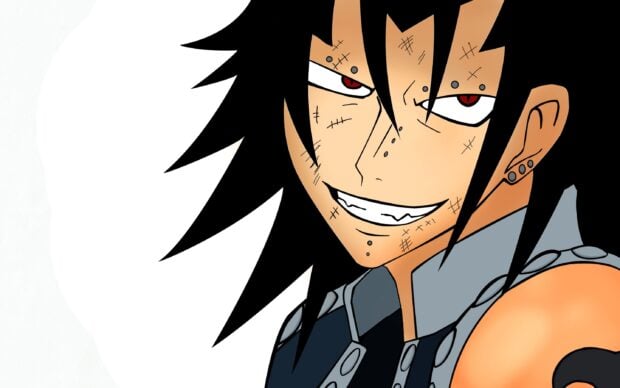 Gajeel Redfox with scars and a confident smile looking sideways