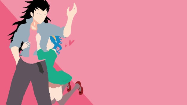 Gajeel Redfox character with a girl hugging him on a pink background