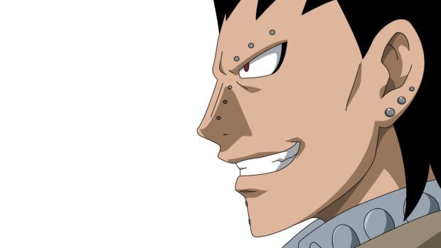 Gajeel Redfox side profile showing his confident smile and facial piercings in high detail