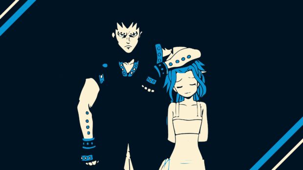 Gajeel Redfox standing next to a girl with blue hair in a minimalistic design