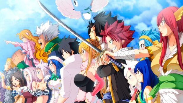 Gajeel Redfox standing with Fairy Tail guild members in an intense scene from the anime