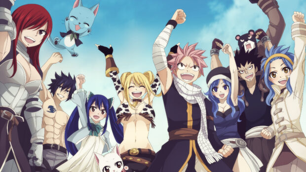 Gajeel Redfox standing with friends in a cheerful group scene
