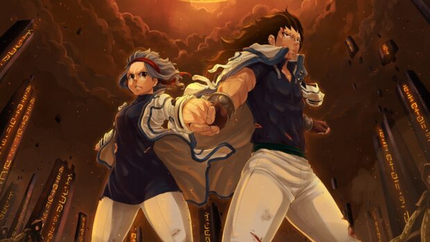 Gajeel Redfox and his companion standing strong in a dramatic dark sky with glowing pillars around them