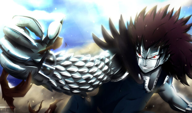 Gajeel Redfox in metallic armor with intense red eyes reaching forward in an action pose