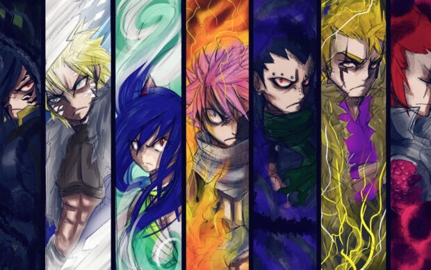 Gajeel Redfox is featured as a fierce anime character with dark hair and intense red eyes in a striking illustration