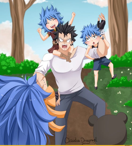 Gajeel Redfox playing with children in a park on a sunny day