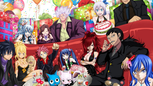 Gajeel Redfox sitting with friends in a festive celebration scene with colorful gifts