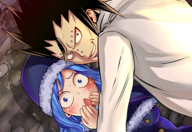 Gajeel Redfox standing close to a surprised girl with blue hair and winter clothing