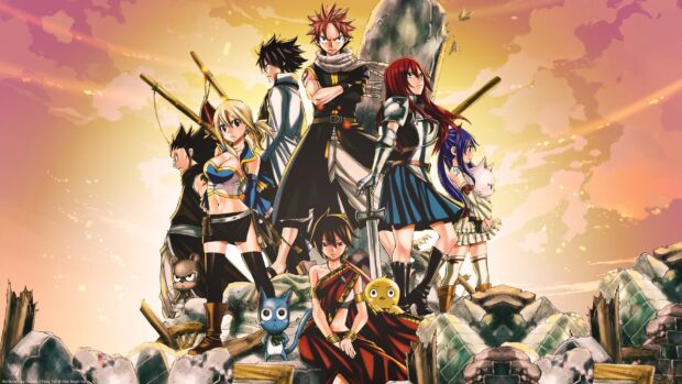 Gajeel Redfox standing strong among Fairy Tail characters in a post battle scene
