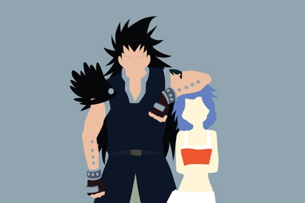 Gajeel Redfox standing with his arm resting on the shoulder of a girl with blue hair in a minimalist style