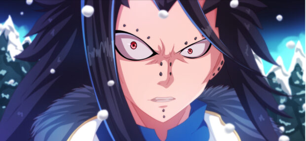 Close up of Gajeel Redfox with red eyes and black hair in a snowy mountain setting