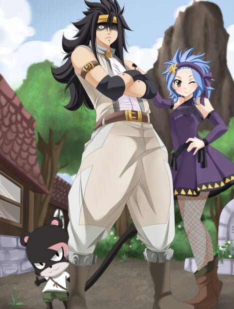 Gajeel Redfox stands confidently with two companions outside in a village setting