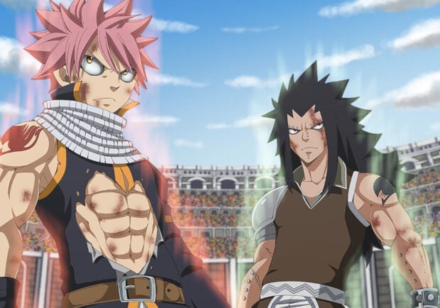 Gajeel Redfox stands ready for battle in an intense outdoor arena scene