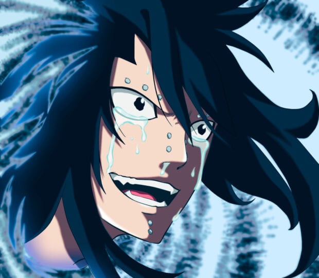 Gajeel Redfox with intense expression and tears streaming down his face in anime style