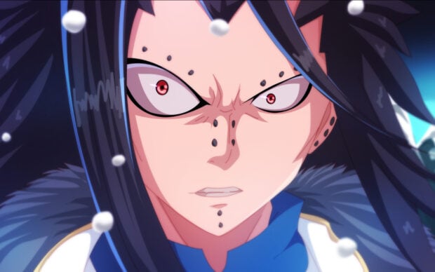 Gajeel Redfox with intense eyes and black piercings in an animated close up scene