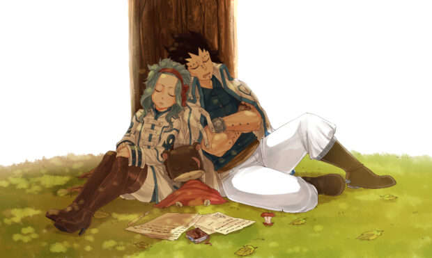 Gajeel Redfox and Levy McGarden resting against a tree with a small plush toy on grass