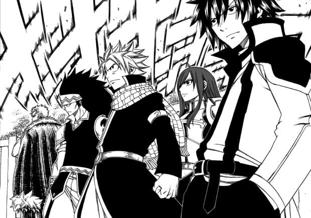 Gajeel Redfox and other guild members standing determined in a manga scene