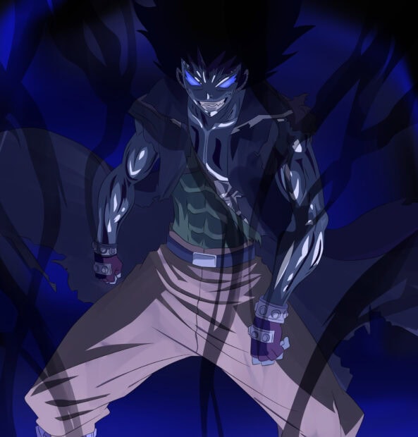 Gajeel Redfox character showing dark aura and glowing blue eyes in intense pose