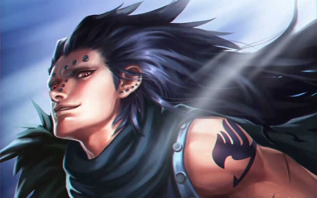 A detailed digital artwork of Gajeel Redfox showing his fierce expression and tattoo on his arm