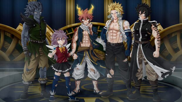 Gajeel Redfox character standing with allies in a dark room scene
