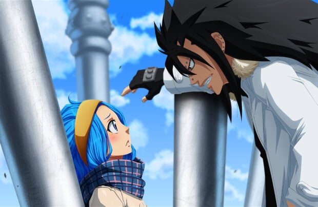 Gajeel Redfox confronting a surprised girl with blue hair and a scarf outdoors