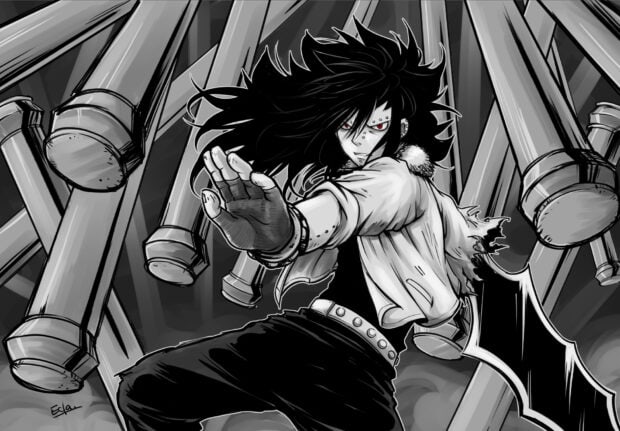 Gajeel Redfox preparing to strike with a powerful pose among steel pipes