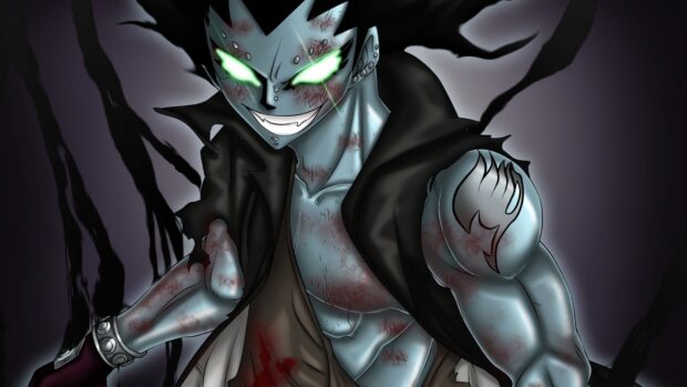 Gajeel Redfox character with glowing green eyes and battle scars in a dark setting