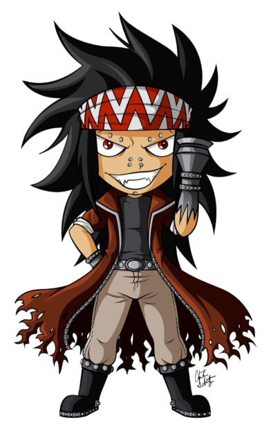 Gajeel Redfox character standing confidently with wild hair and a torn coat