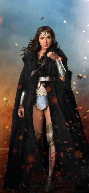 Gal Gadot wearing a black fur cloak and warrior armor in a dramatic scene